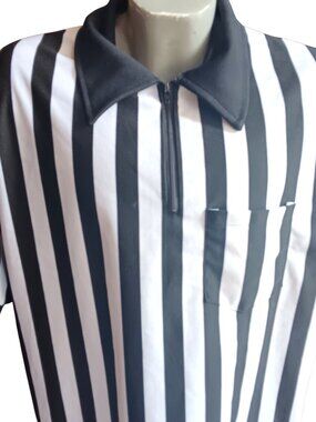 True Vintage XL Referee Shirt Black White Striped Zippered Collar Chest Pocket